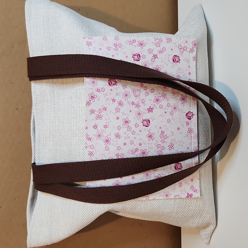 Handmade Floral Canvas Tote Bag with Leather puter Pocket with Brown Handles